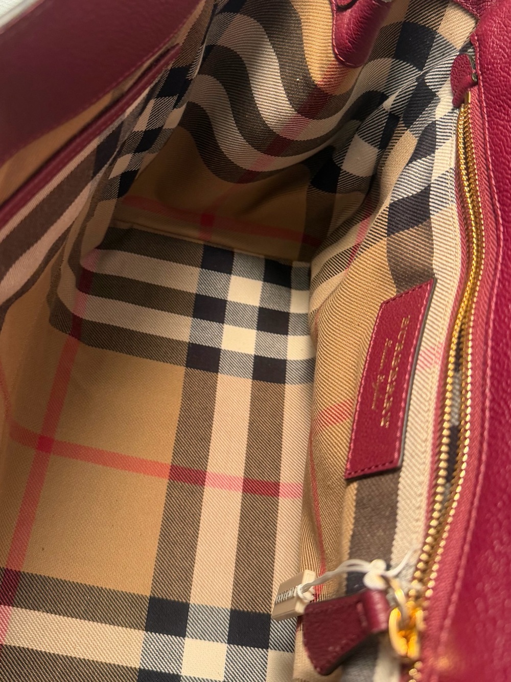Burberry Burgundy Leather Top-Handle Satchel with Check Strap - Picture 12 of 12